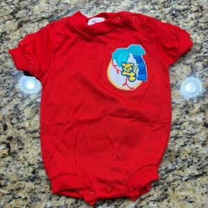 Vintage Evenflo Baby Romper Red Tropical Cat Patch Bodysuit 0-6 Months Small